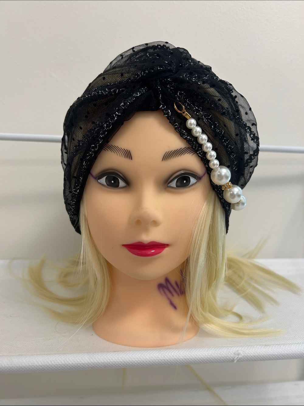 SHEIN Black Lace Turban Headwrap with Pearl Chain
